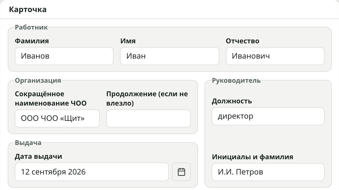 Область полей карточки в сервисе: фамилия, имя, отчество, наименование ЧОО, должность руководителя и дата выдачи; данные демонстрационные